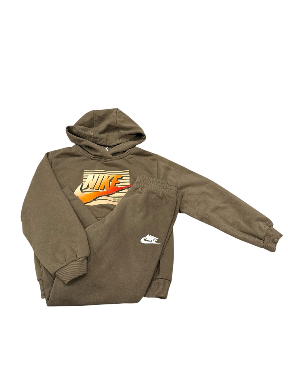 Nike Boys Hoodie Sweatpants Set Fleece Logo Olive Size 6 7